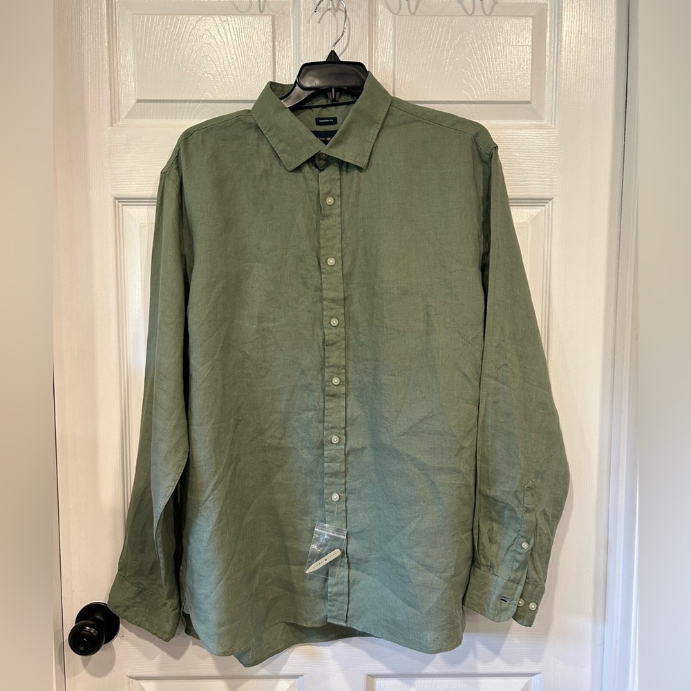 Joseph Abboud Olive Green Long-Sleeve Button-Down Shirt 100% Linen